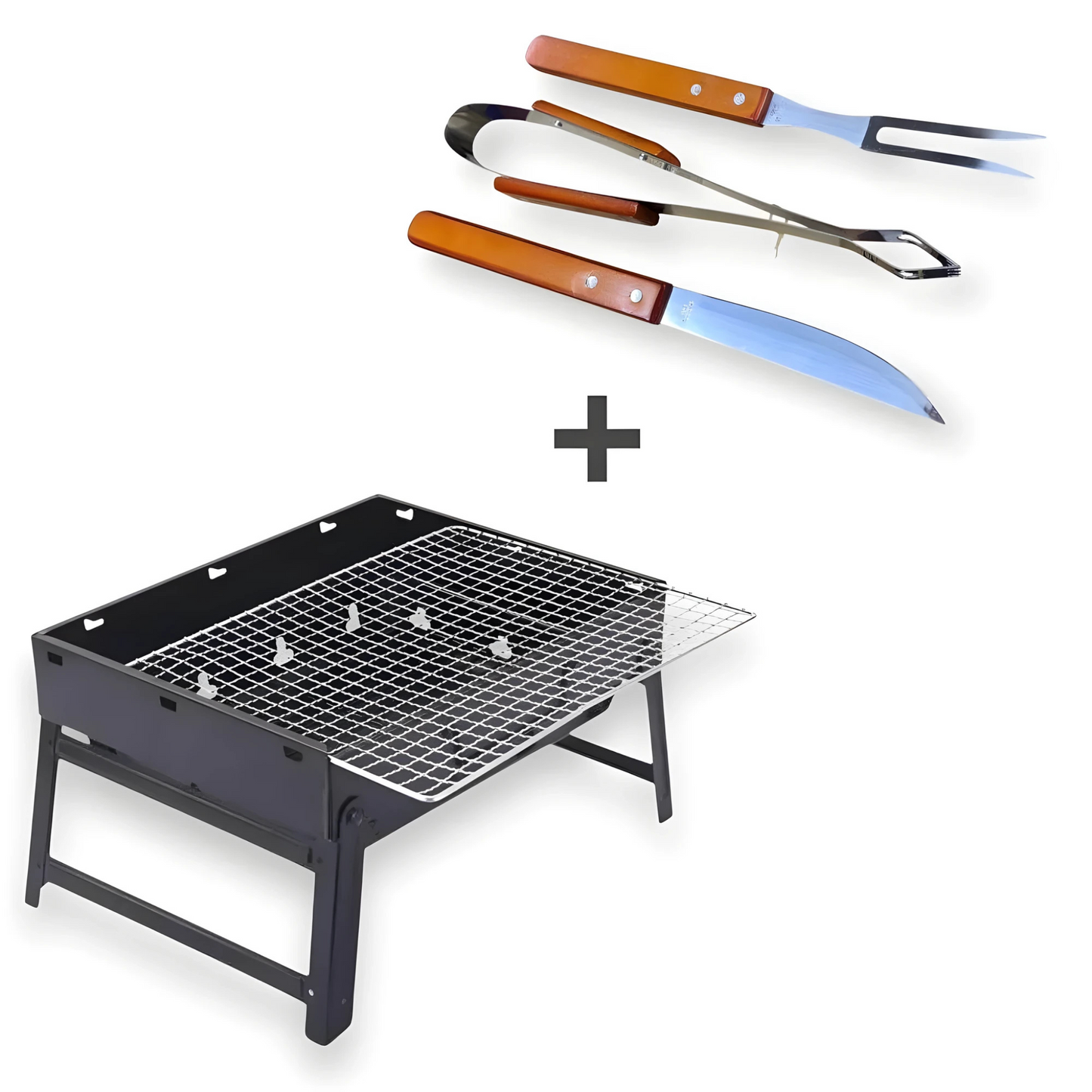 Parrilla de Carbón Portátil Plegable + Regalo: Set Parrillero 3 piezas
