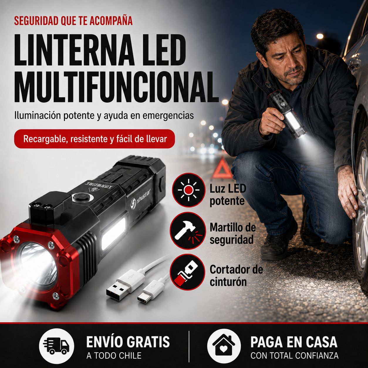 Linterna LED Multifuncional - Iluminación potente y seguridad en emergencias