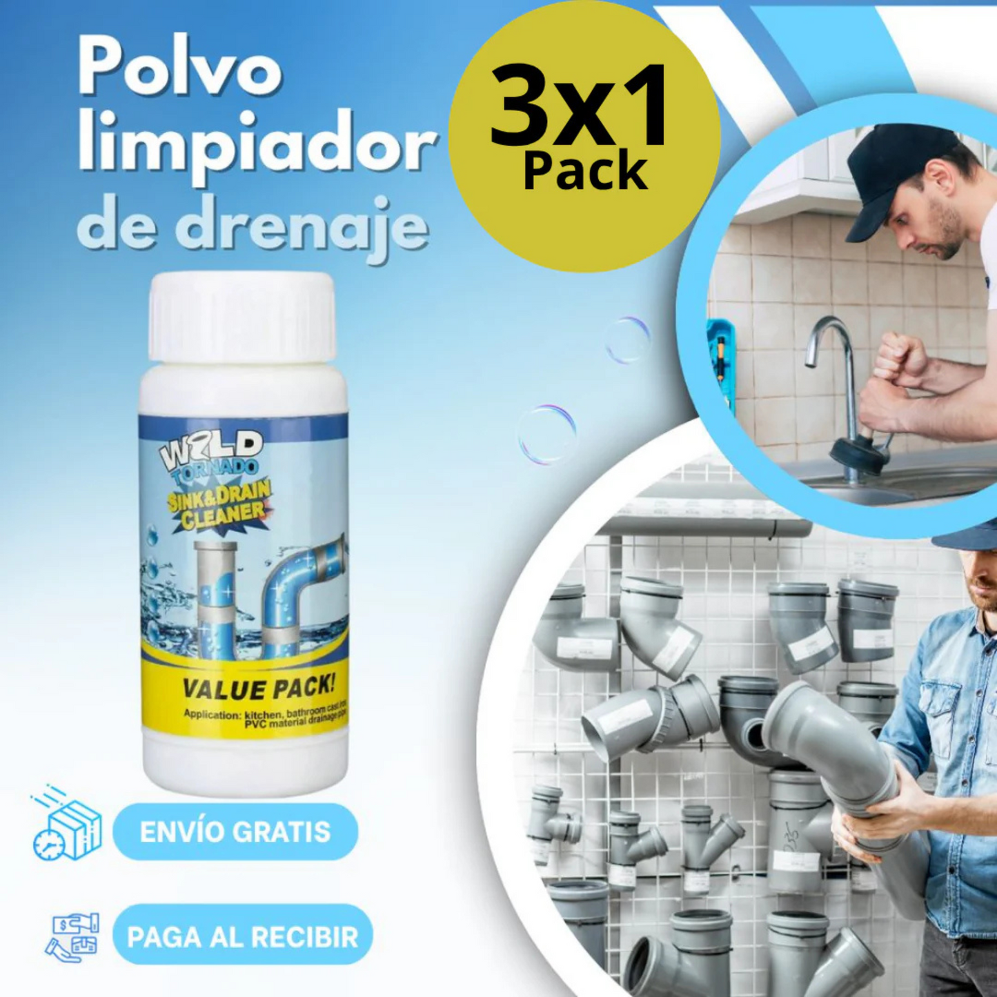 Tripack Polvo Destapa Cañerías – Destapa, Limpia y Previene 🚿
