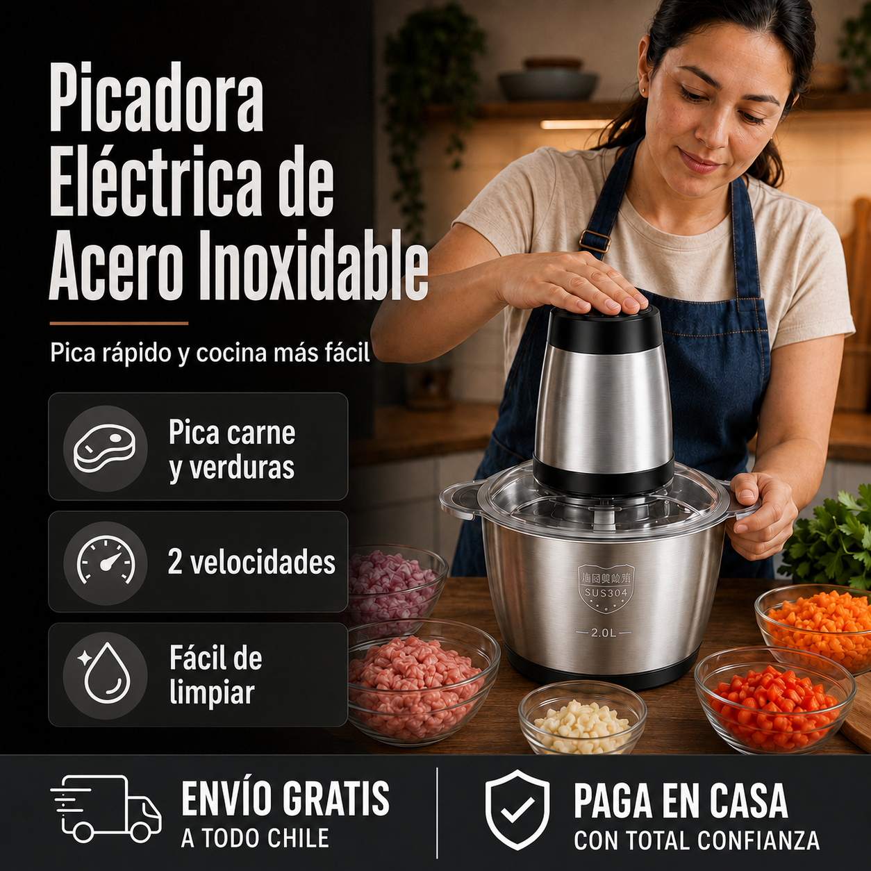 Picadora Eléctrica de Acero Inoxidable – Pica rápido y cocina más fácil