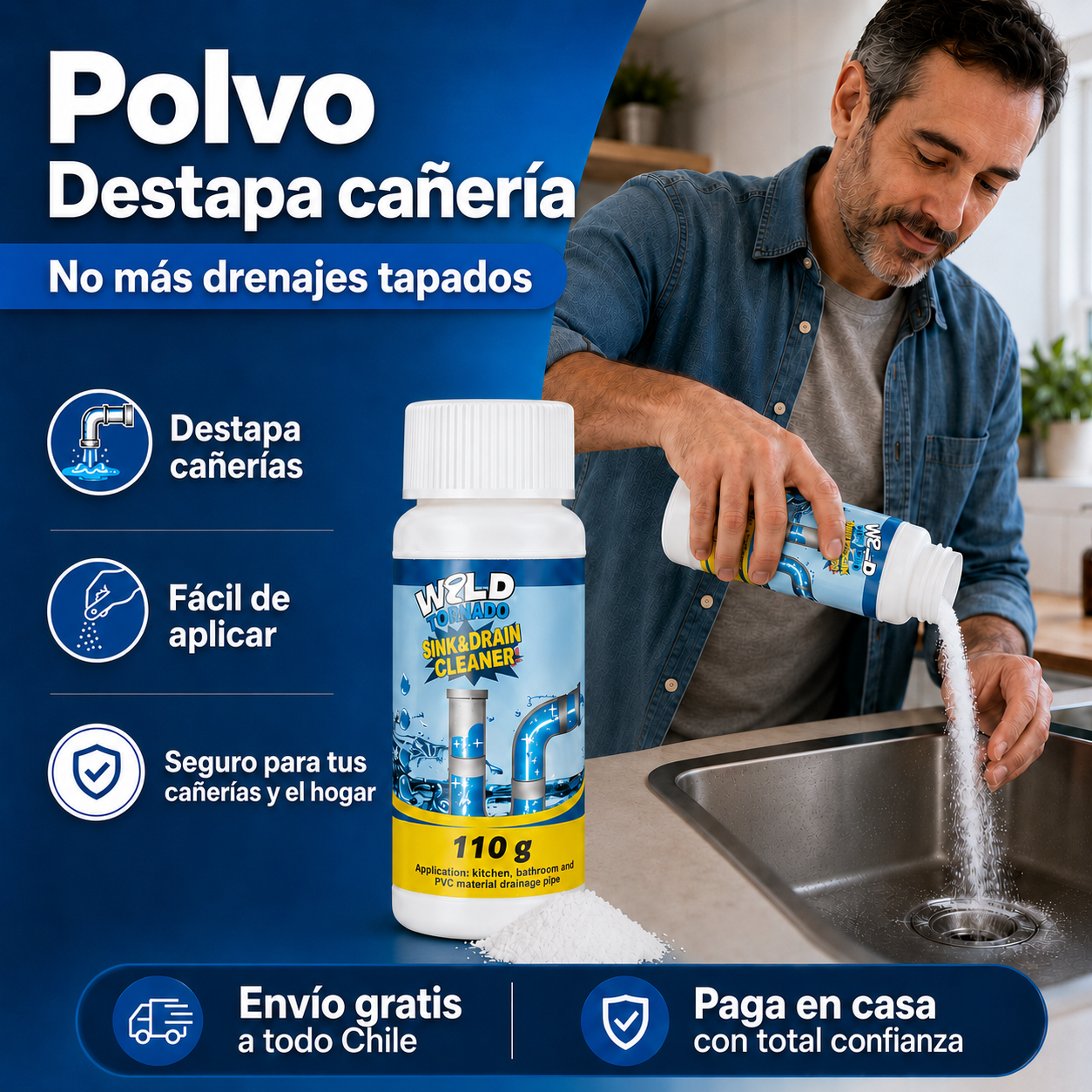 Polvo Destapa Cañerías - No más drenajes tapados
